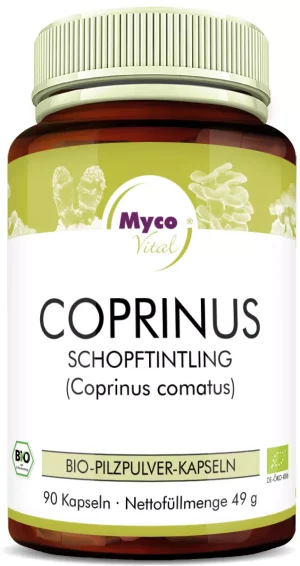 MycoVital_ Eine braune Flasche mit der Aufschrift Myco Vital Coprinus Schopftintling (Coprinus comatus) mit 90 Kapseln Bio-Pilzpulver. Auf dem Etikett sind Bilder von Pilzen und Zertifizierungssymbole abgebildet.
