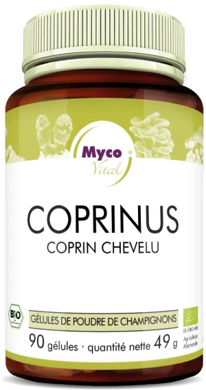 MycoVital_ Une bouteille brune étiquetée Myco Vital Coprinus Schopftintling (Coprinus comatus), contenant 90 capsules de poudre de champignon bio, d'un poids net de 49 g, avec des accents verts et blancs et des logos de certification.