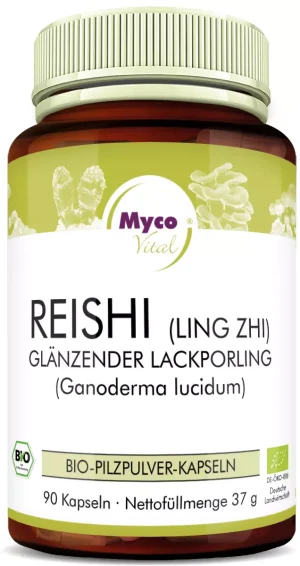 MycoVital_ Eine braune Flasche mit der Aufschrift Myco Vital enthält 90 Kapseln mit Reishi-Pilzpulver. Das Etikett zeigt ein Bild von Reishi-Pilzen und einen Text in deutscher Sprache, der Ganoderma lucidum und Bio-Pilzpulver-Kapseln hervorhebt.