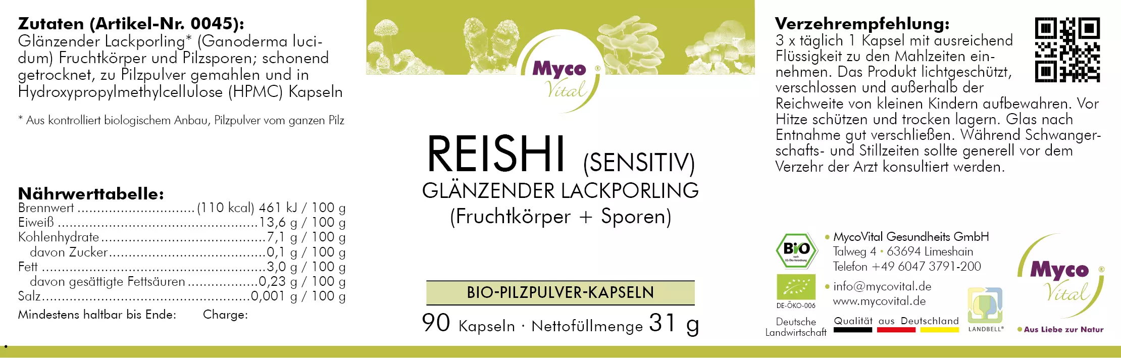 MycoVital_ Etikett für Reishi (Sensitiv) Bio-Pilzpulver-Kapseln von Myco Vital. Enthält Inhaltsstoffe, Nährwertangaben, Dosierungsanweisungen, Bio-Zertifizierung und ein grünes Kapselbild auf weißem Hintergrund.