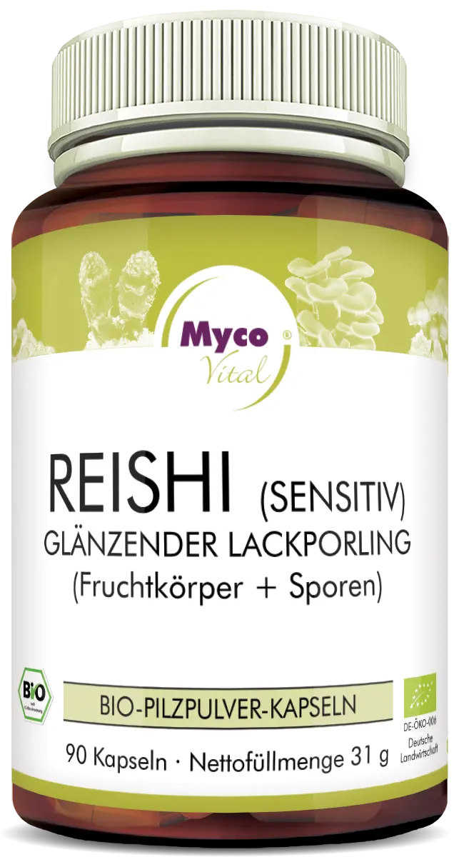 MycoVital_ Eine braune Dose mit der Aufschrift Myco Vital REISHI (Sensitiv) Glänzender Lackporling, die 90 Bio-Pilzpulverkapseln enthält, mit Abbildungen von Pilzen und Zertifizierungslogos auf dem Etikett.