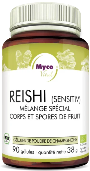 MycoVital_ Un pot brun avec une étiquette blanche portant la mention Myco Vital REISHI (Sensitiv) Glänzender Lackporling (Fruchtkörper + Sporen), contenant 90 gélules de poudre de champignons bio. L'étiquette présente des champignons et des logos de certification.