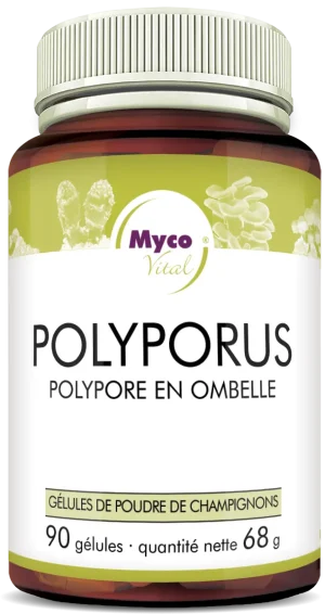 MycoVital_ Un pot brun et blanc étiqueté Myco Vital Polyporus Eichhase (Polyporus umbellatus) avec des images de champignons, contenant 90 capsules de poudre de champignons, poids net 68 grammes.