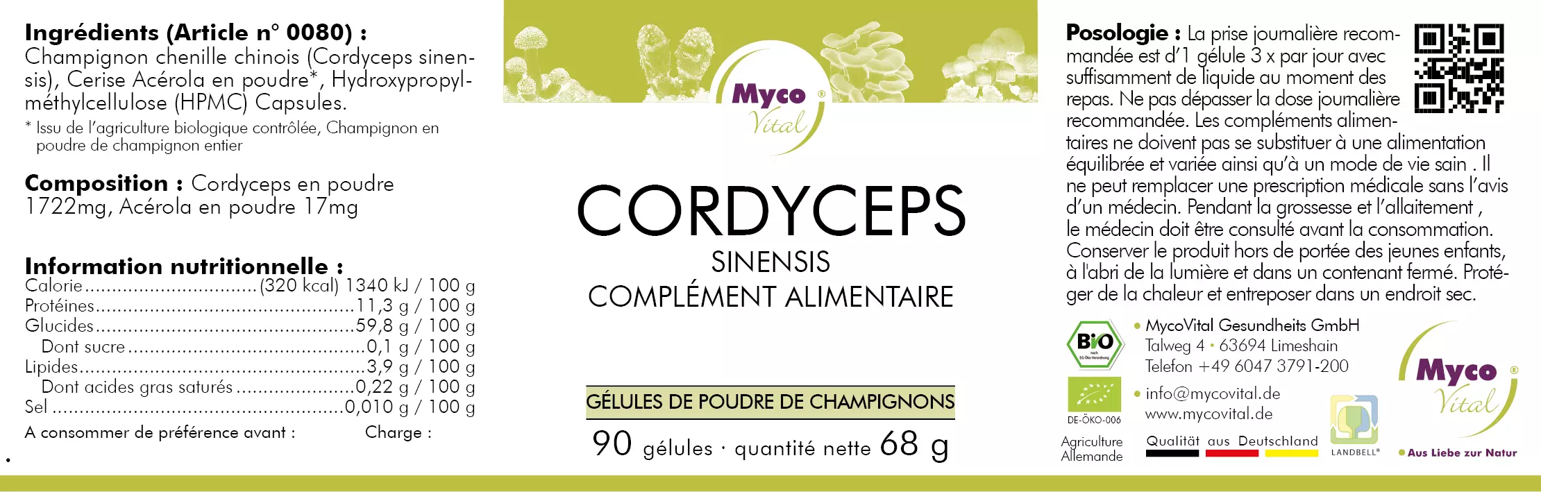 MycoVital_ Étiquette frontale d'une boîte de complément alimentaire MycoVital Cordyceps indiquant les ingrédients, les valeurs nutritionnelles, l'utilisation recommandée, 90 gélules, 68 g de poids net, et diverses certifications, avec des éléments de design verts et jaunes.