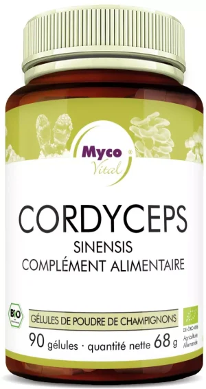 MycoVital_ Un pot brun de complément alimentaire MycoVital Cordyceps avec une étiquette blanche, un bouchon jaune et des images de champignons cordyceps. L'étiquette mentionne 90 gélules, 68 g de poids net et la certification biologique.