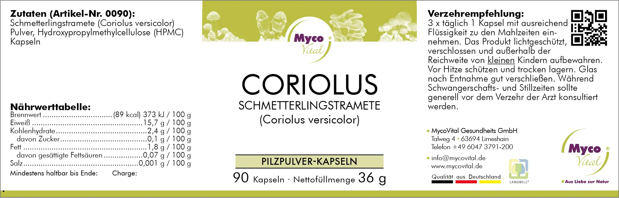 MycoVital_ Etiqueta para cápsulas de polvo de seta Coriolus de MycoVital, con ingredientes, tabla nutricional, instrucciones de dosificación, advertencias, datos de contacto e imágenes decorativas de setas y fondo verde.