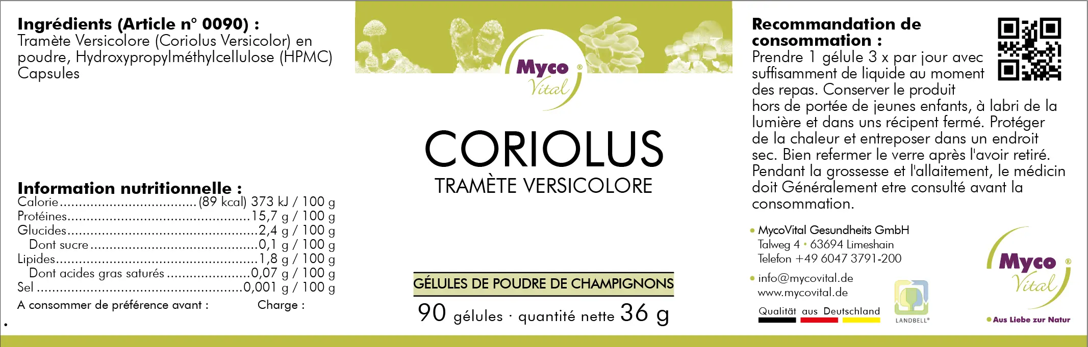 MycoVital_ Étiquette de produit pour les gélules de champignon "Coriolus" de MycoVital, indiquant les ingrédients, les informations nutritionnelles, les instructions de dosage, le logo de la marque et le nombre de 90 gélules. L'arrière-plan est vert et naturel, avec une illustration de champignon.