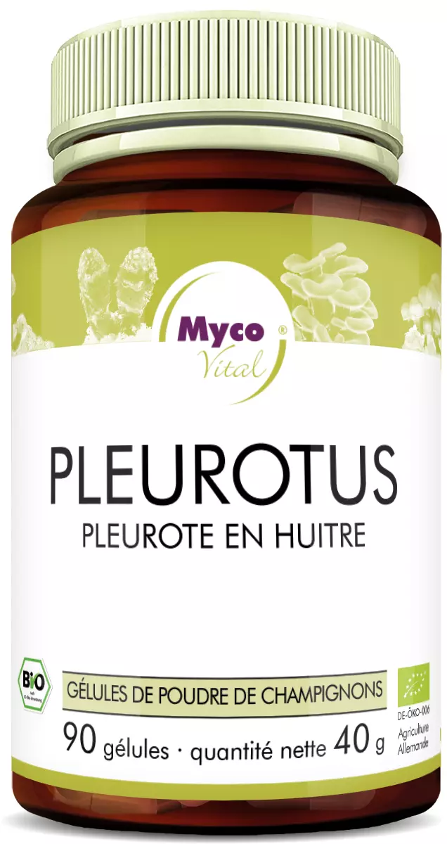 MycoVital_ Un flacon brun étiqueté Myco Vital Pleurotus Austernseitling (Pleurotus ostreatus) Bio-Pilzpulver-Kapseln, contenant 90 gélules de poudre de pleurotes biologiques.