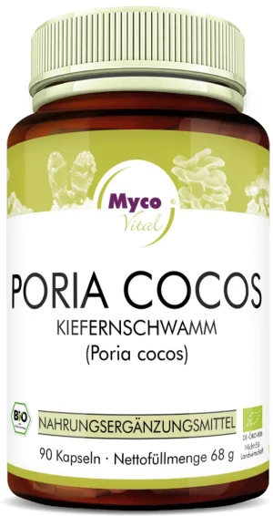 MycoVital_ Eine braune Flasche mit der Aufschrift Myco Vital Poria Cocos Kiefernschwamm (Poria cocos), die 90 Kapseln eines Nahrungsergänzungsmittels enthält, mit einem grünen Deckel und Abbildungen von Pilzen auf dem Etikett.