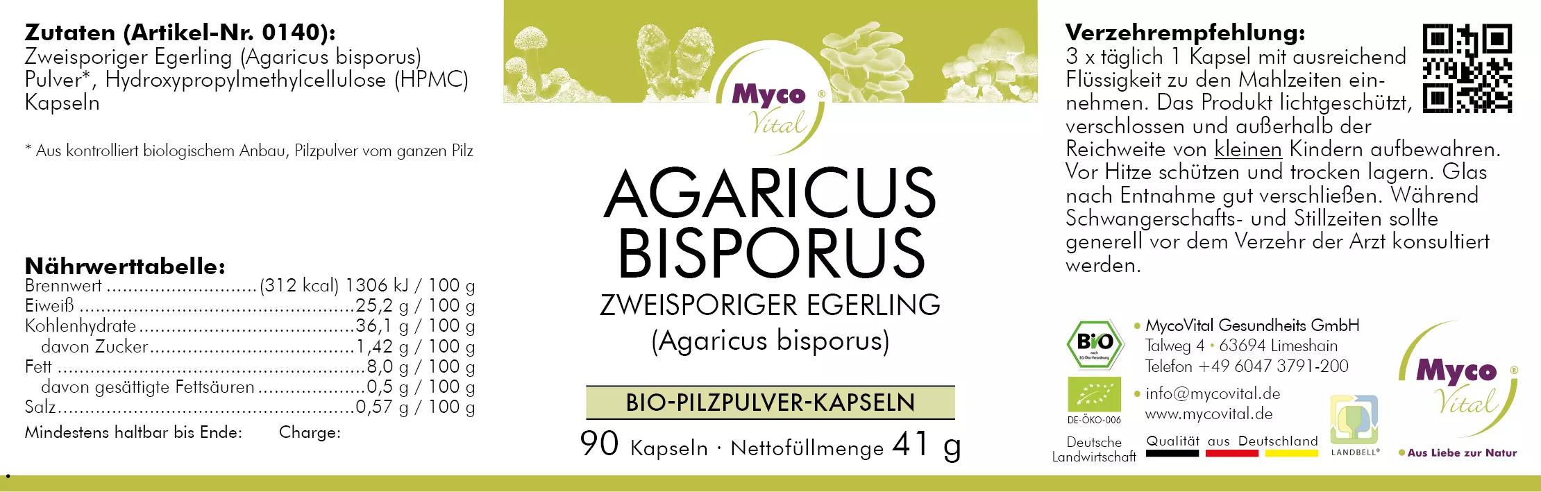 MycoVital_ Label of a MycoVital product for Agaricus Bisporus (Zweisporiger Egerling) bio mushroom powder capsules, showing nutritional values, ingredients, usage instructions, and contact information. Contains 90 capsules, 41g net weight.