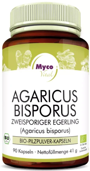 MycoVital_ Eine braune Flasche mit der Aufschrift Agaricus Bisporus von MycoVital, die 90 Kapseln mit Bio-Pilzpulver enthält. Das Etikett enthält einen deutschen Text und Bilder von Pilzen im Hintergrund.