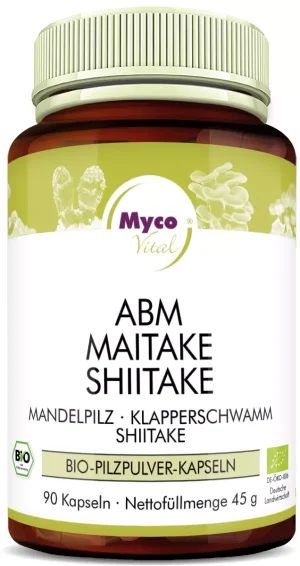 MycoVital_ Eine braune Dose mit der Aufschrift Myco Vital ABM Maitake Shiitake, die 90 Bio-Pilzpulverkapseln enthält, mit Abbildungen von Pilzen auf dem Etikett und verschiedenen deutschen Texten zur Beschreibung des Produkts.