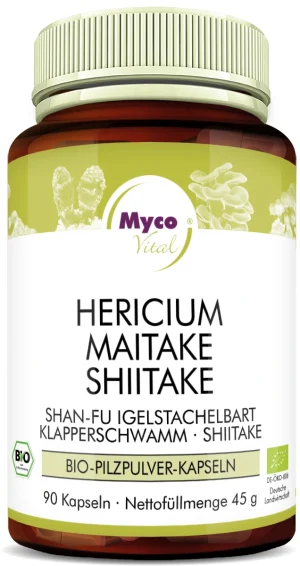 MycoVital_ Eine Flasche MycoVital Kräuterergänzungsmittel mit der Aufschrift Hericium Maitake Shiitake, die 90 Kapseln einer organischen Pilzpulvermischung enthält. Auf dem Etikett sind Bilder von Pilzen und grüne Bio-Zertifizierungssymbole abgebildet.