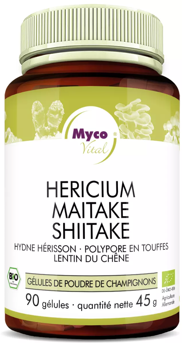 MycoVital_ Un flacon brun et blanc étiqueté Myco Vital contenant 90 gélules de mélange de poudre de champignons biologiques : Hericium, Maitake et Shiitake, avec des accents verts et des images de champignons sur l'étiquette.