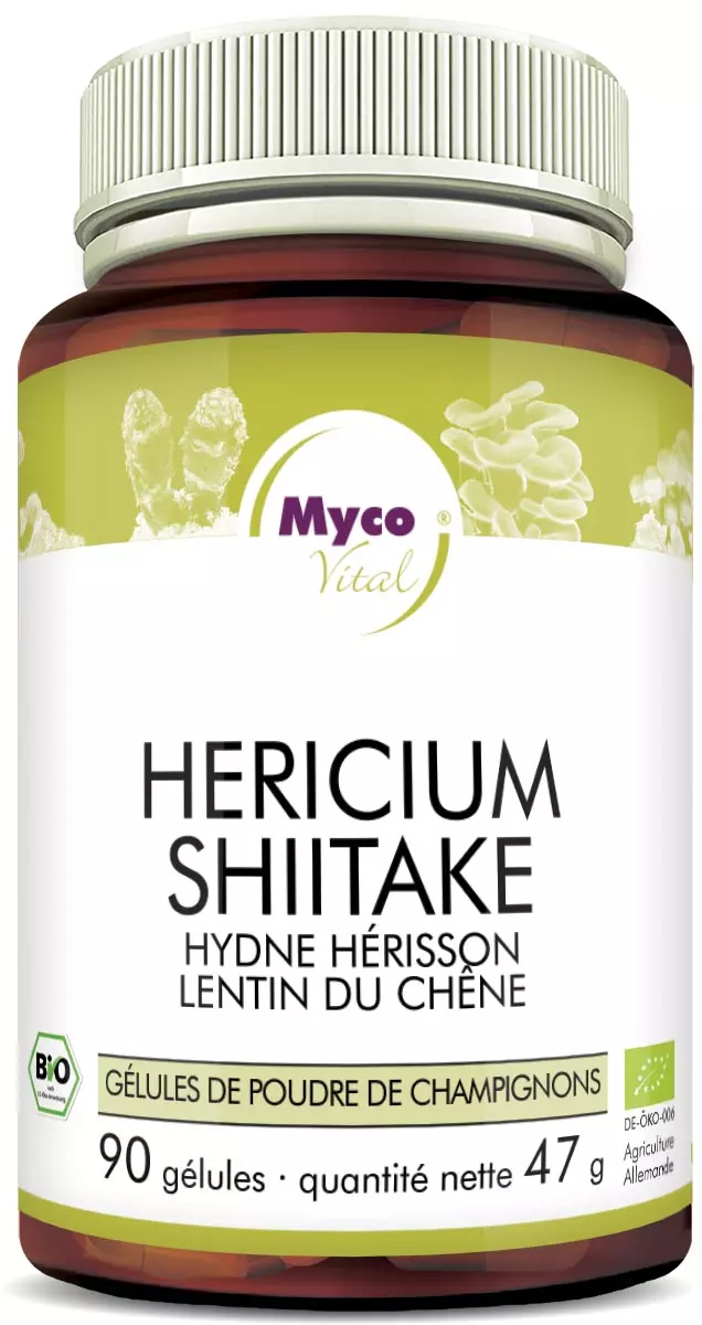 MycoVital_ Une bouteille étiquetée Hericium Shiitake avec des images de champignons, contenant 90 capsules de poudre de champignons biologiques. Le nom de la marque Myco Vital figure sur l'étiquette, ainsi que la certification et le détail des ingrédients.