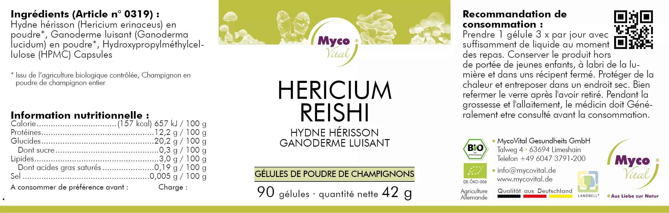 MycoVital_ Étiquette des gélules MycoVital Hericium Reishi, indiquant les ingrédients, les valeurs nutritionnelles, les instructions de dosage et les certifications. Le produit est biologique, végétalien et contient 90 gélules (42g) de poudre de champignons Hericium et Reishi.