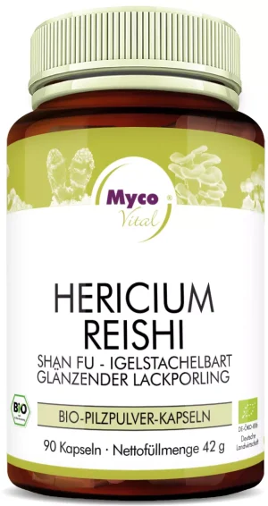 MycoVital_ Eine braune Flasche mit der Aufschrift HERICIUM REISHI von MycoVital, die 90 Bio-Pilzpulverkapseln enthält. Auf dem Etikett sind Bilder von Pilzen und grünen Zertifikaten abgebildet. Das Nettogewicht beträgt 42 g.
