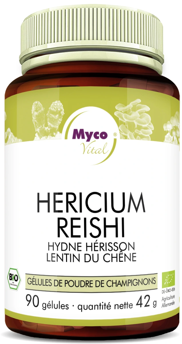 MycoVital_ Une bouteille brune étiquetée Myco Vital Hericium Reishi avec des images de champignons. L'étiquette mentionne 90 gélules, un poids net de 42 g et d'autres noms de champignons tels que Shan Fu et Glänzender Lackporling.