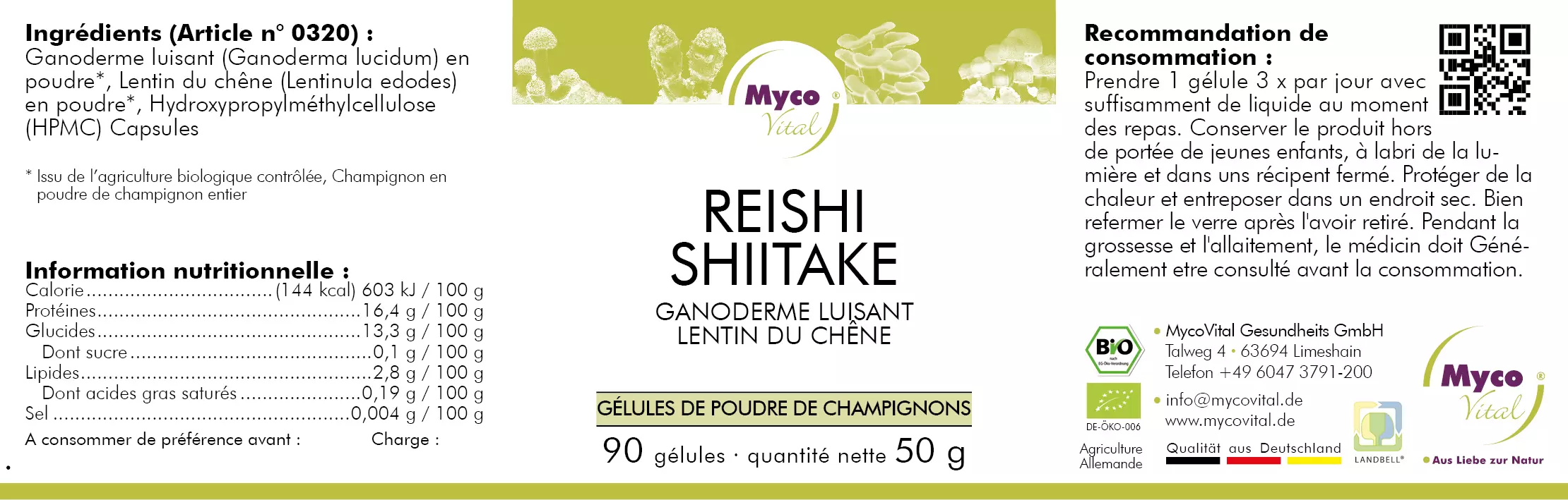MycoVital_ Une étiquette de produit pour des capsules de poudre de champignon Reishi Shiitake Bio avec les ingrédients, les informations nutritionnelles, l'utilisation recommandée et la marque. L'étiquette est principalement blanche avec des accents verts et violets et comprend un code-barres.