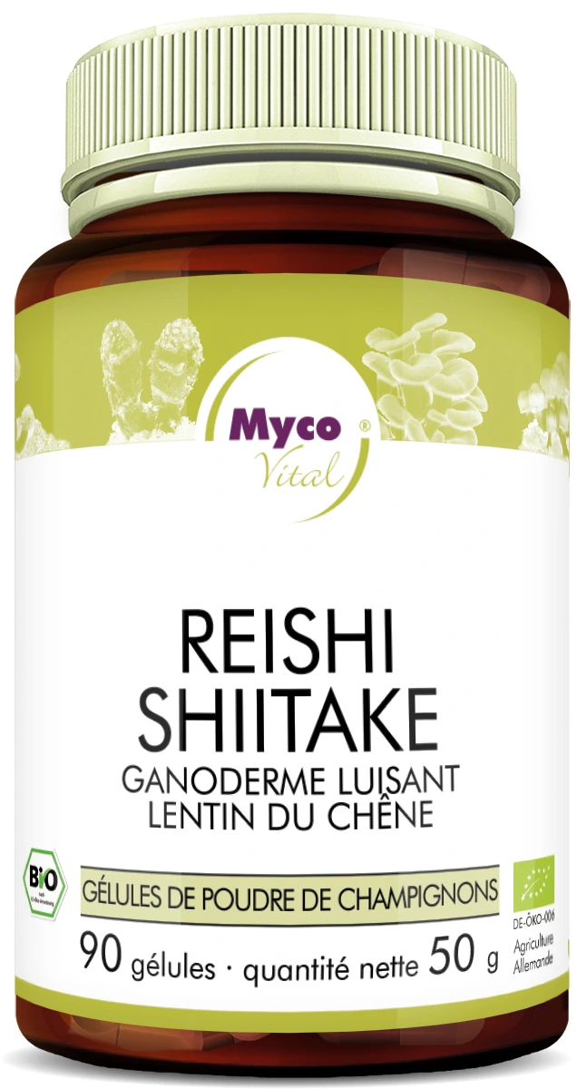 MycoVital_ Une bouteille brune de MycoVital Reishi Shiitake bio mushroom powder capsules avec une étiquette verte et blanche, contenant 90 capsules et pesant 50g. L'étiquette comporte des images de champignons et des logos de certification biologique.