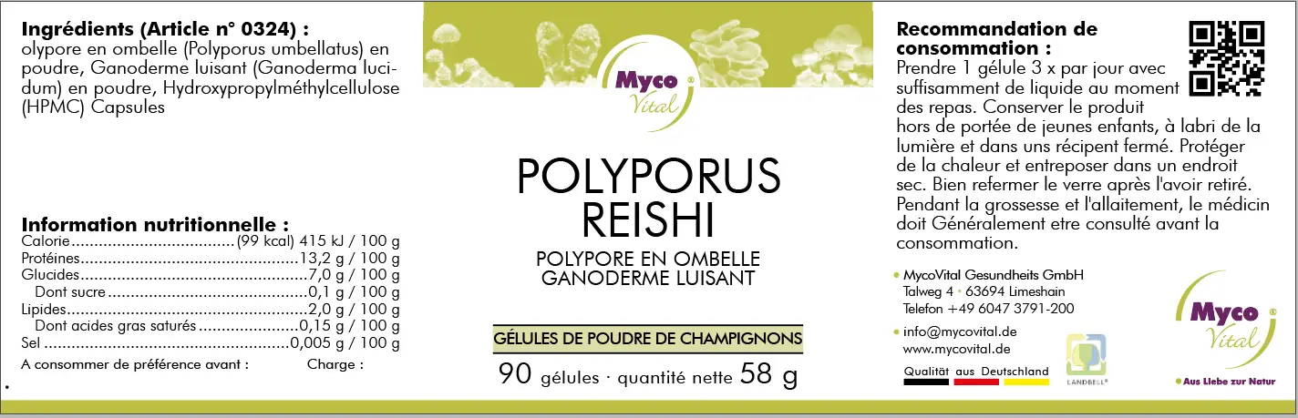 MycoVital_ Étiquette de produit pour les capsules de champignons Reishi Myco Vital Polyporus, indiquant les informations nutritionnelles, les ingrédients, les instructions d'utilisation, les informations de contact, et des graphiques décoratifs de champignons sur un fond blanc et jaune.