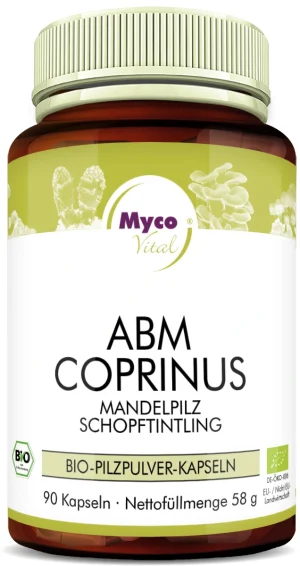 MycoVital_ Eine braune Flasche mit der Aufschrift Myco Vital ABM Coprinus Mandelpilz Schopftintling, die 90 Bio-Pilzpulverkapseln enthält, mit Bio- und EU-Bio-Zertifizierungslogos auf der Vorderseite.