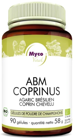 MycoVital_ Une bouteille brune étiquetée Myco Vital ABM Coprinus Mandelpilz Schopftintling contenant 90 capsules de poudre de champignon biologique. L'étiquette comporte des illustrations de champignons et des certifications de qualité biologique.