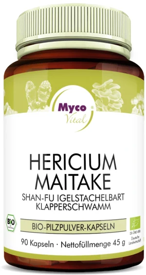 MycoVital_ Eine braune Plastikflasche mit der Aufschrift Hericium Maitake Bio-Pilzpulver-Kapseln mit 90 Kapseln, 45g Nettogewicht. Das Etikett enthält Abbildungen von Pilzen und Logos der Bio-Zertifizierung.