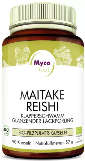 MycoVital_ Eine braune Flasche mit der Aufschrift Myco Vital Maitake Reishi Bio-Pilzpulver-Kapseln enthält 90 Kapseln (52 g) Pilzpulver zur Ergänzung. Auf dem Etikett sind Bilder von Pilzen und Symbole der Öko-Zertifizierung abgebildet.