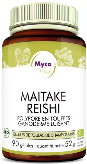 MycoVital_ Un pot étiqueté Myco Vital Maitake Reishi contenant 90 gélules de poudre de champignons bio. L'étiquette comporte également des images de champignons et des détails en allemand, notamment des symboles de certification biologique.