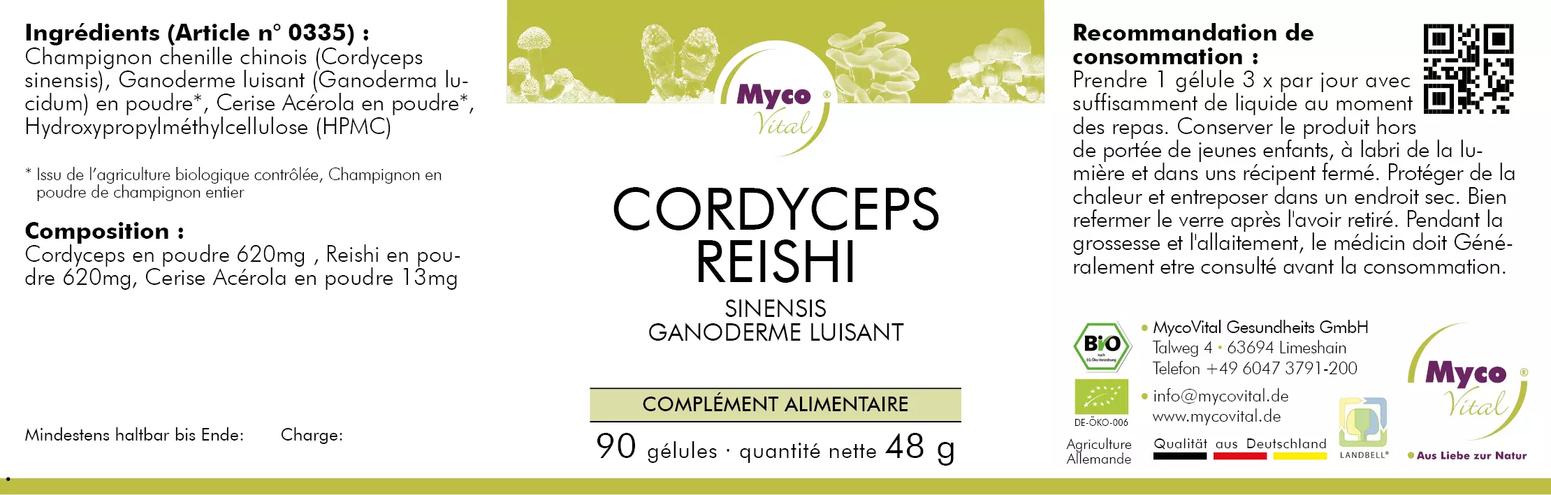 MycoVital_ Étiquette d'une boîte de complément alimentaire MycoVital Cordyceps Reishi, indiquant les ingrédients du produit, les informations nutritionnelles, l'utilisation recommandée et la marque de l'entreprise, avec des éléments de design verts et violets et des illustrations de champignons.