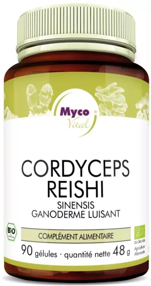 MycoVital_ Une bouteille de complément alimentaire MycoVital Cordyceps Reishi avec une étiquette blanche et un couvercle vert. L'étiquette comporte des images de champignons et un texte détaillant les ingrédients et le contenu : 90 gélules, 48g au total.