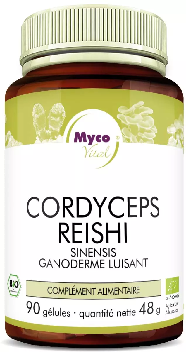 MycoVital_ Une bouteille de complément alimentaire MycoVital Cordyceps Reishi avec une étiquette blanche et un couvercle vert. L'étiquette comporte des images de champignons et un texte détaillant les ingrédients et le contenu : 90 gélules, 48g au total.