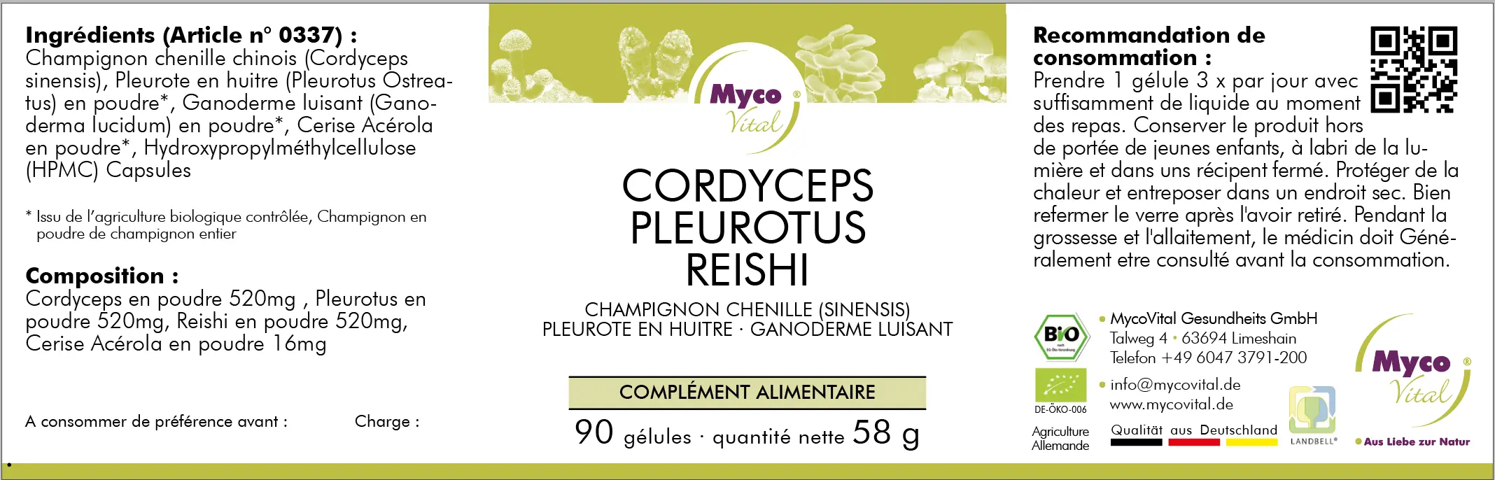 MycoVital_ Étiquette d'un supplément appelé Cordyceps Pleurotus Reishi par Myco Vital, énumérant les ingrédients, le contenu nutritionnel, les instructions de dosage et les coordonnées de la société sur un fond blanc avec des accents jaunes et verts.