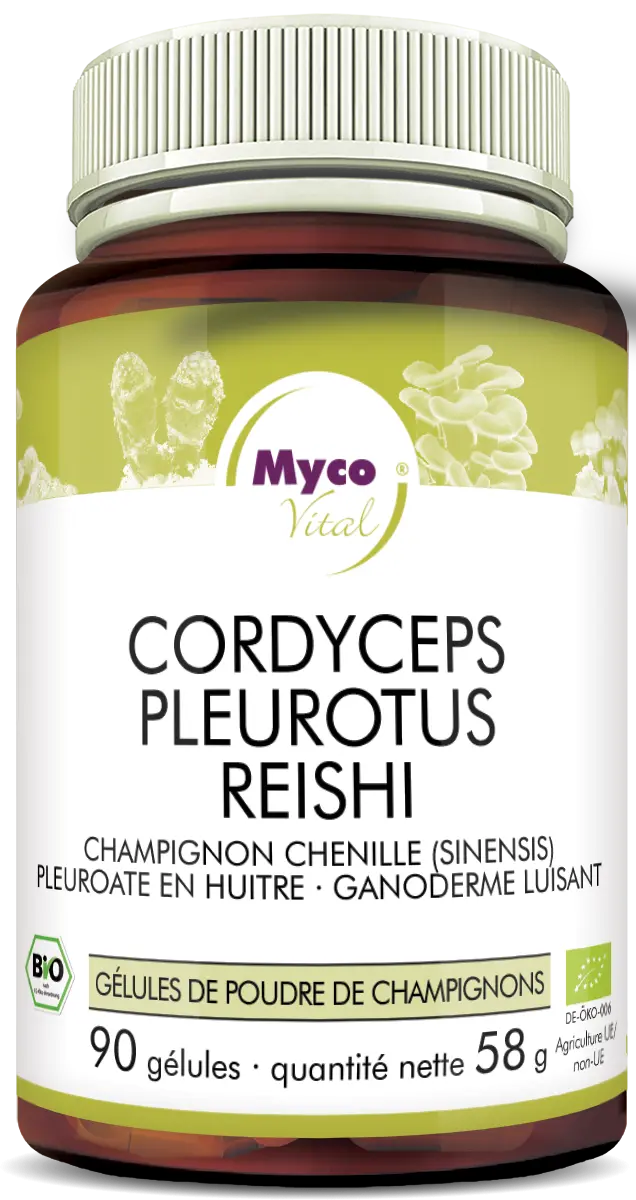 MycoVital_ Un pot brun et blanc étiqueté Myco Vital contenant 90 gélules de poudre de champignons Cordyceps, Pleurotus et Reishi. L'étiquette comporte des accents verts et des images de champignons, ainsi qu'un texte en allemand et en anglais.