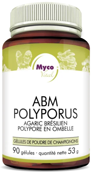 MycoVital – Un flacon brun portant l’inscription MycoVital ABM Polyporus – gélules de poudre de champignons biologiques contient 90 gélules de poudre de champignons. L’étiquette présente des illustrations de champignons ainsi que des logos de certification.