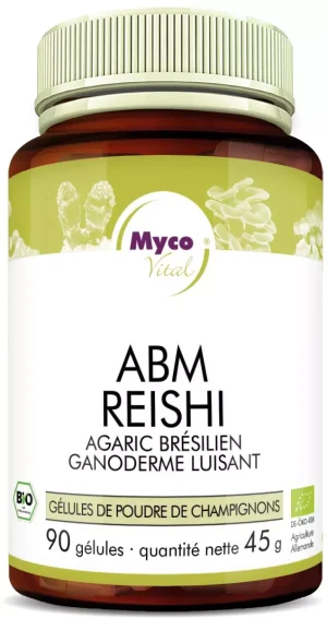 MycoVital – Un flacon brun portant l’inscription MycoVital ABM Reishi – gélules de poudre de champignons biologiques contient 90 gélules de poudre de champignons. L’étiquette présente des illustrations de champignons ainsi que des logos de certification.