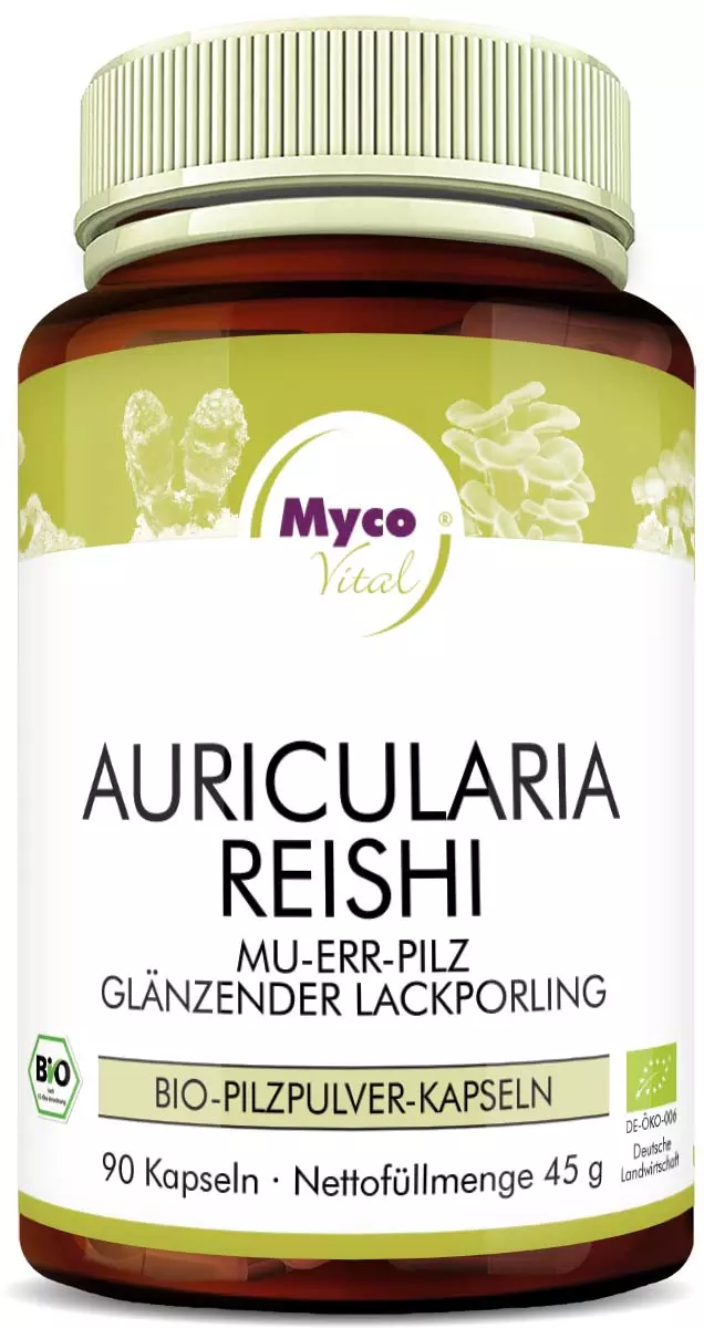 MycoVital – A brown bottle labeled MycoVital Auricularia Reishi Organic Mushroom Powder Capsules contains 90 capsules filled with mushroom powder. The label features illustrations of mushrooms as well as certification logos.