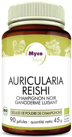 MycoVital – Un flacon brun portant l’inscription MycoVital Auricularia Reishi – gélules de poudre de champignons biologiques contient 90 gélules de poudre de champignons. L’étiquette présente des illustrations de champignons ainsi que des logos de certification.