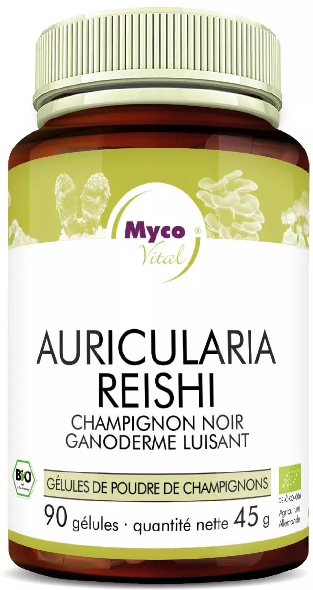 MycoVital – Un flacon brun portant l’inscription MycoVital Auricularia Reishi – gélules de poudre de champignons biologiques contient 90 gélules de poudre de champignons. L’étiquette présente des illustrations de champignons ainsi que des logos de certification.