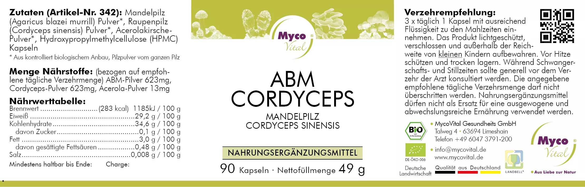 MycoVital_ Etikett für MycoVital ABM Cordyceps Bio-Pilzpulver-Kapseln. Zu den Details gehören Inhaltsstoffe, Nährwerte, empfohlene Verwendung, Hinweise zur Lagerung, Unternehmensinformationen und Zertifizierungen. Die Verpackung ist weiß mit grünen und violetten Akzenten.