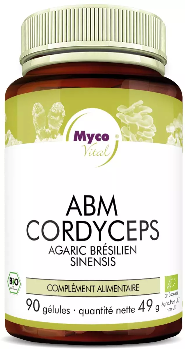 MycoVital – Un flacon brun portant l’inscription MycoVital ABM Cordyceps – gélules de poudre de champignons biologiques contient 90 gélules de poudre de champignons. L’étiquette présente des illustrations de champignons ainsi que des logos de certification.