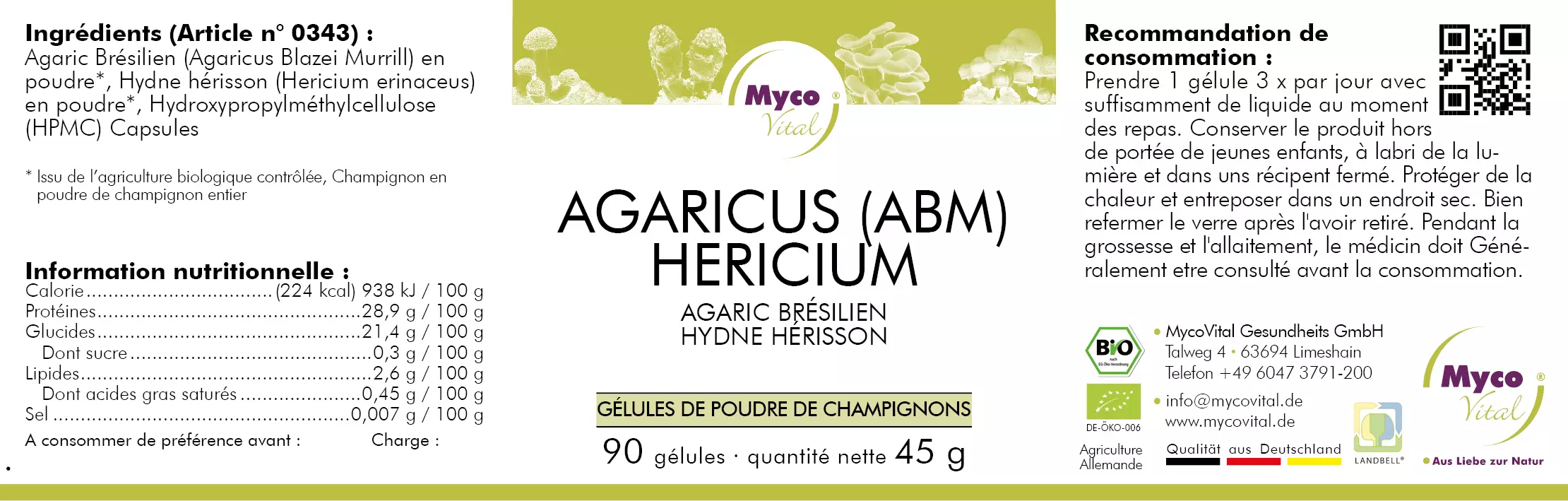 MycoVital – Étiquette pour MycoVital ABM Hericium – gélules de poudre de champignons biologiques. Les informations comprennent les ingrédients, les valeurs nutritionnelles, les conseils d’utilisation, les conditions de conservation, les informations sur l’entreprise et les certifications. L’emballage est blanc avec des accents verts et violets.