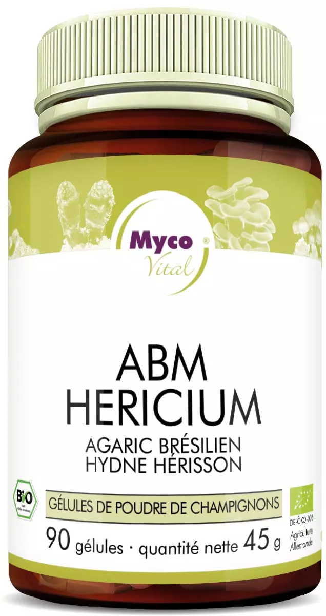 MycoVital – Un flacon brun portant l’inscription MycoVital ABM Hericium – gélules de poudre de champignons biologiques contient 90 gélules de poudre de champignons. L’étiquette présente des illustrations de champignons ainsi que des logos de certification.