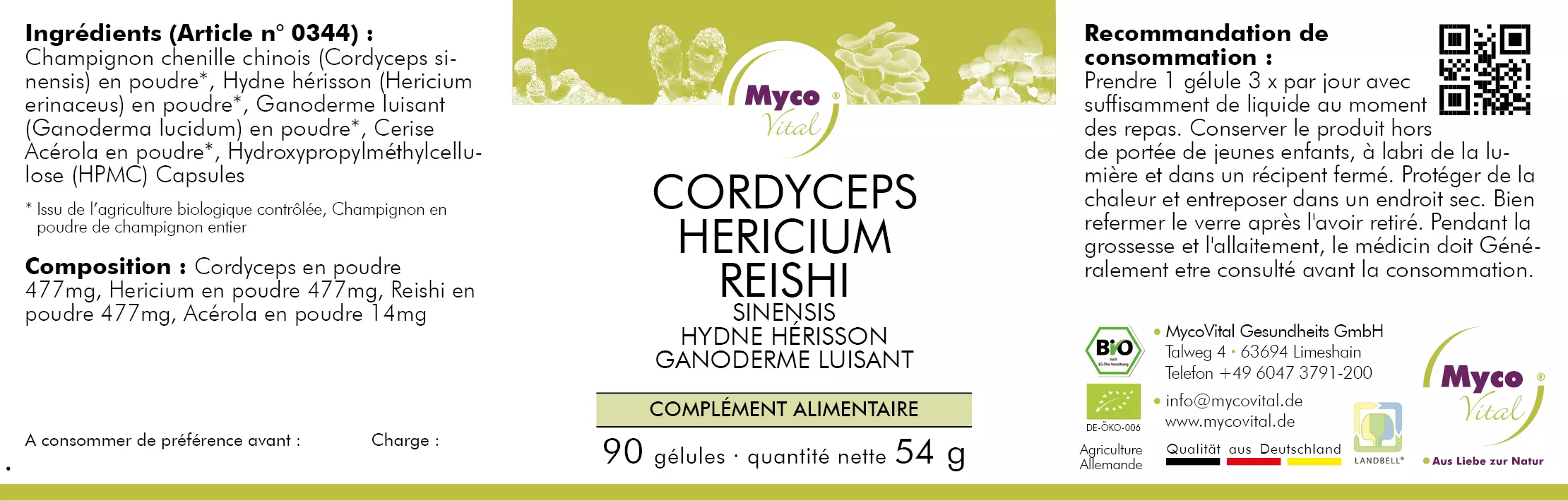 MycoVital – Étiquette pour MycoVital Cordyceps Hericium Reishi – gélules de poudre de champignons biologiques. Les informations comprennent les ingrédients, les valeurs nutritionnelles, les conseils d’utilisation, les conditions de conservation, les informations sur l’entreprise et les certifications. L’emballage est blanc avec des accents verts et violets.