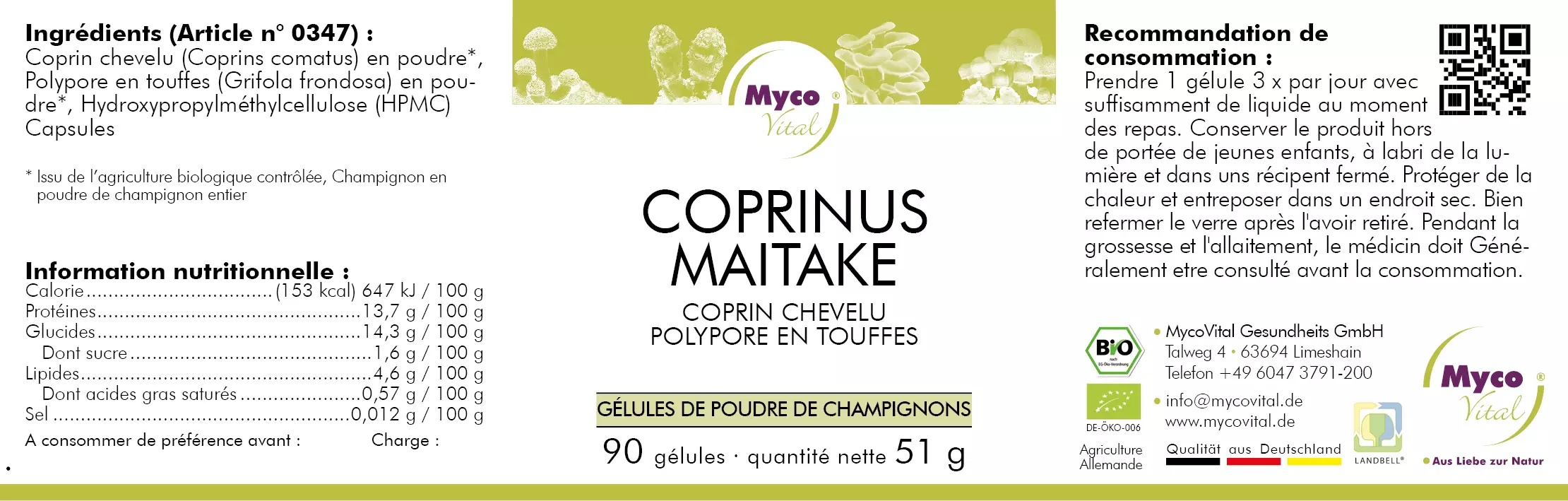 MycoVital – Étiquette pour MycoVital Cordyceps Maitake – gélules de poudre de champignons biologiques. Les informations comprennent les ingrédients, les valeurs nutritionnelles, les conseils d’utilisation, les conditions de conservation, les informations sur l’entreprise et les certifications. L’emballage est blanc avec des accents verts et violets.