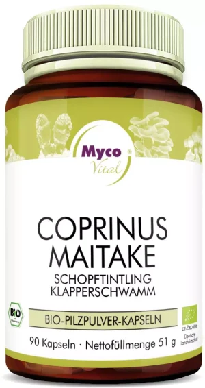 MycoVital_ Eine braune Flasche mit der Aufschrift Myco Vital Coprinus Maitake Bio-Pilzpulver-Kapseln enthält 90 Kapseln mit Pilzpulver. Auf dem Etikett sind Abbildungen von Pilzen und Zertifizierungslogos abgebildet.