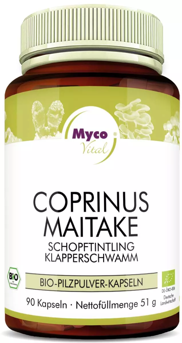 MycoVital_ Eine braune Flasche mit der Aufschrift Myco Vital Coprinus Maitake Bio-Pilzpulver-Kapseln enthält 90 Kapseln mit Pilzpulver. Auf dem Etikett sind Abbildungen von Pilzen und Zertifizierungslogos abgebildet.