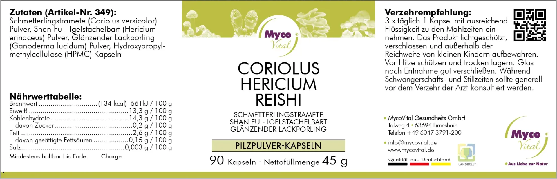 MycoVital – Étiquette pour MycoVital Cordyceps Pleurotus Reishi – gélules de poudre de champignons biologiques. Les informations comprennent les ingrédients, les valeurs nutritionnelles, les conseils d’utilisation, les conditions de conservation, les informations sur l’entreprise et les certifications. L’emballage est blanc avec des accents verts et violets.