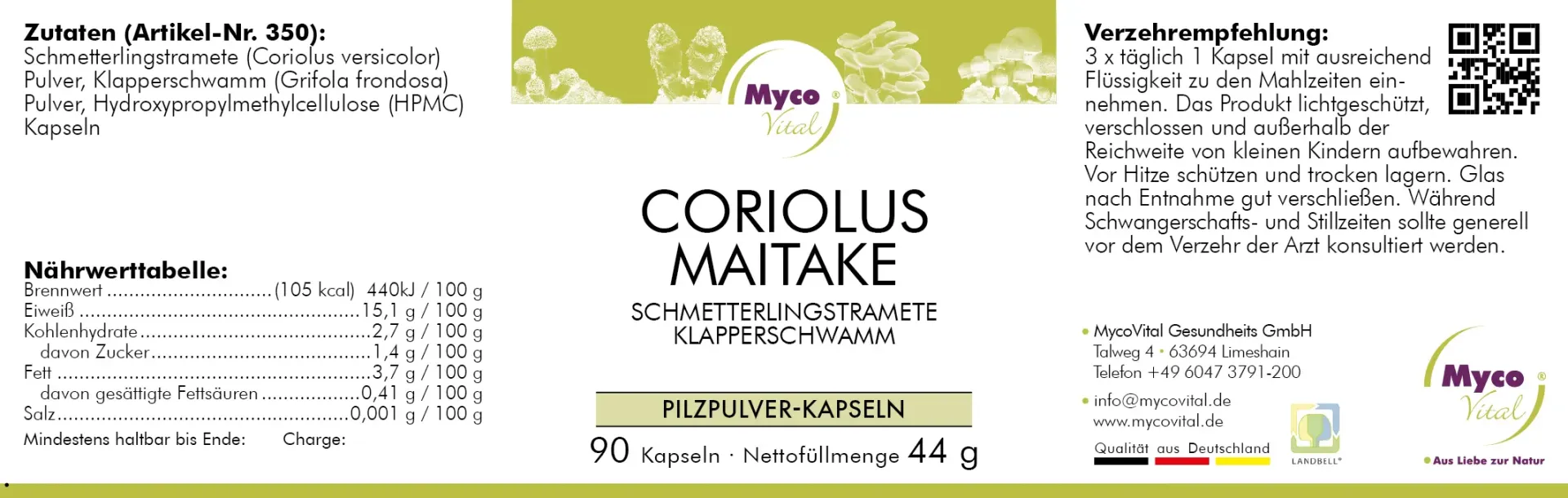 MycoVital – Etiqueta para MycoVital Coriolus Maitake Reishi – cápsulas de polvo de hongos ecológicos. Los detalles incluyen ingredientes, valores nutricionales, modo de uso recomendado, instrucciones de almacenamiento, información de la empresa y certificaciones. El envase es blanco con acentos verdes y violetas.